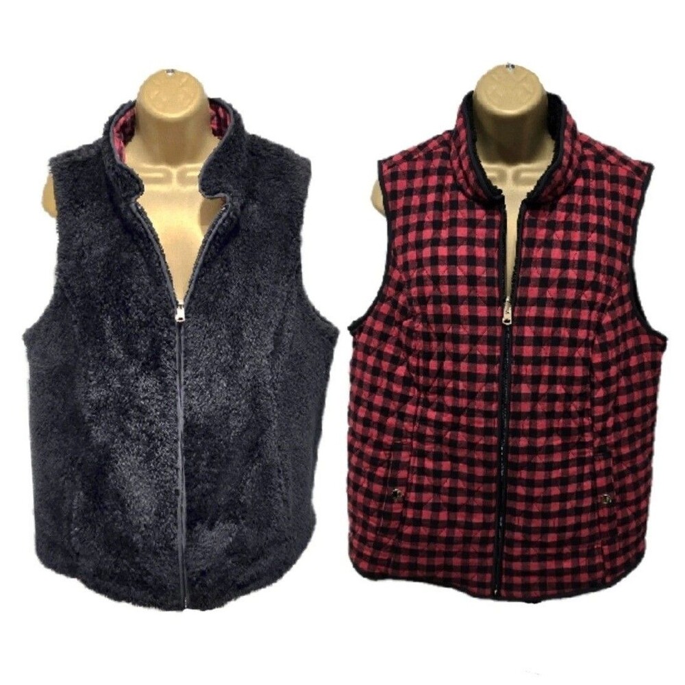 Plaid Reversible Vest Womens Large Fuzzy Cabin Buffalo Black Red Classic Winter